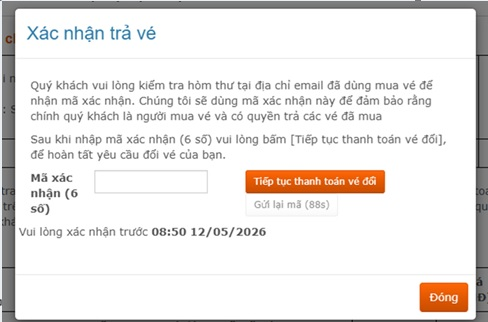 Hãy nhanh chóng xác nhận mã OTP để tránh hết hạn giữ vé chờ thanh toán
