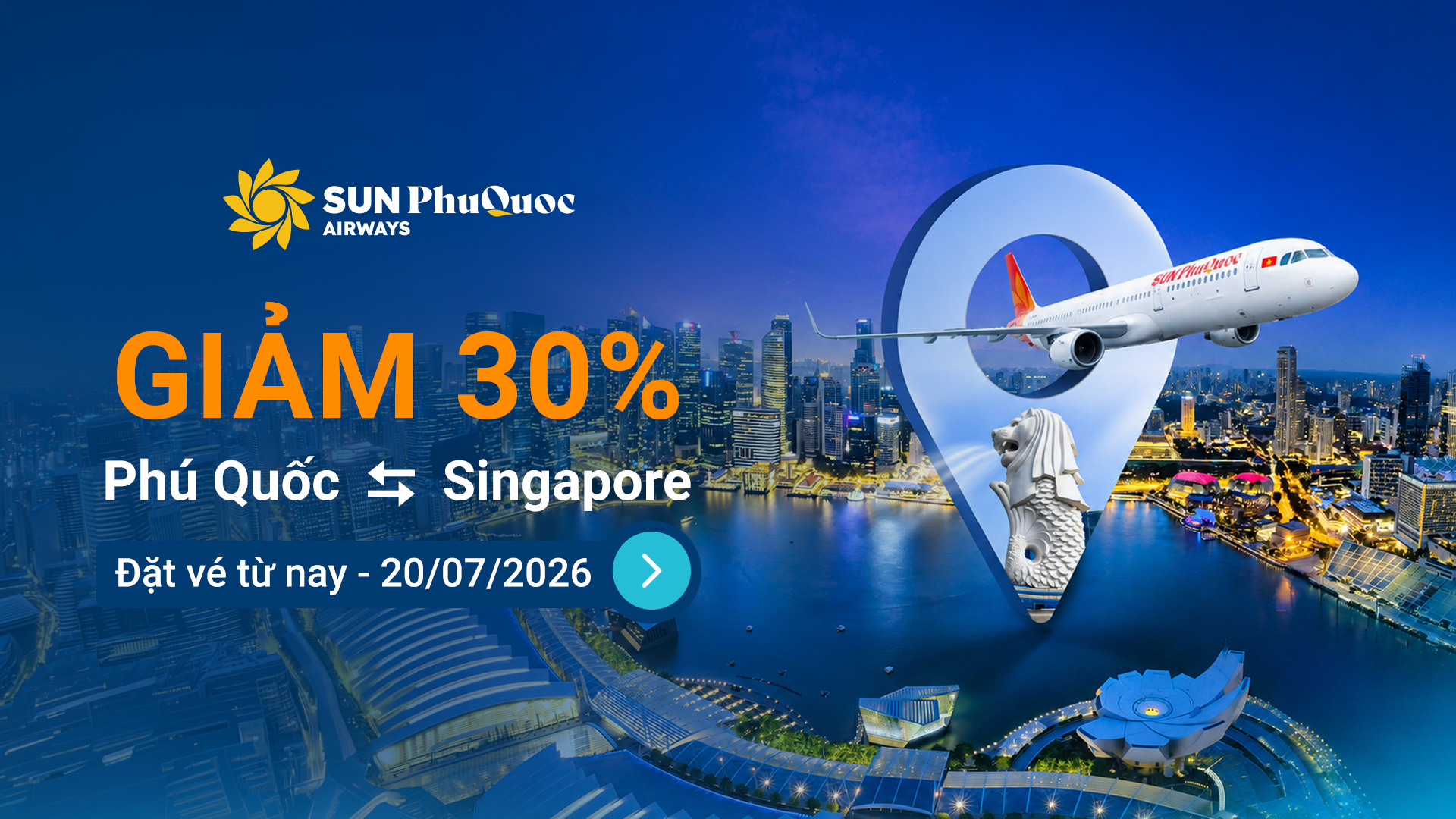 Sun PhuQuoc Airways giảm 30% giá vé máy bay Phú Quốc – Singapore.
